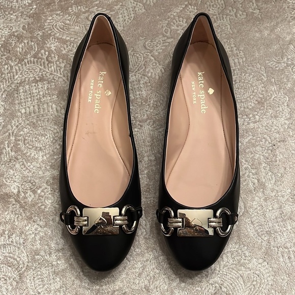 Brand New Kate Spade Genuine Leather Black Flats Slip On Shoes Silver Tone Logo - Picture 7 of 15